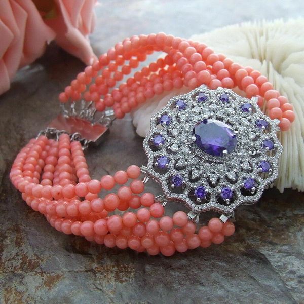 beautiful 8" 8 strands pink coral bracelet zircon connector, Silver
beautiful 8" 8 strands pink coral bracelet zircon connector, Silver