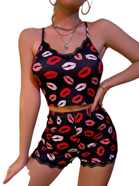 lip print lace trim pj set x5tm#, Black;red