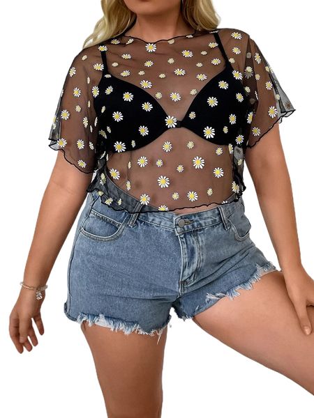 plus daisy print sheer without bra f26g#, Black