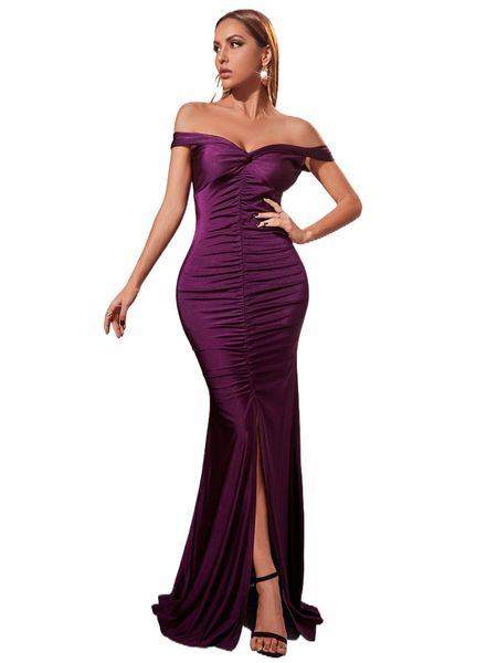 ruched off shoulder split hem maxi dress w8jc#, Black;gray
ruched off shoulder split hem maxi dress w8jc#, Black;gray