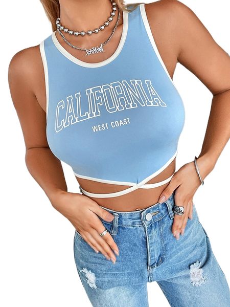 letter graphic contrast binding tie back tank t19y#, White
letter graphic contrast binding tie back tank t19y#, White