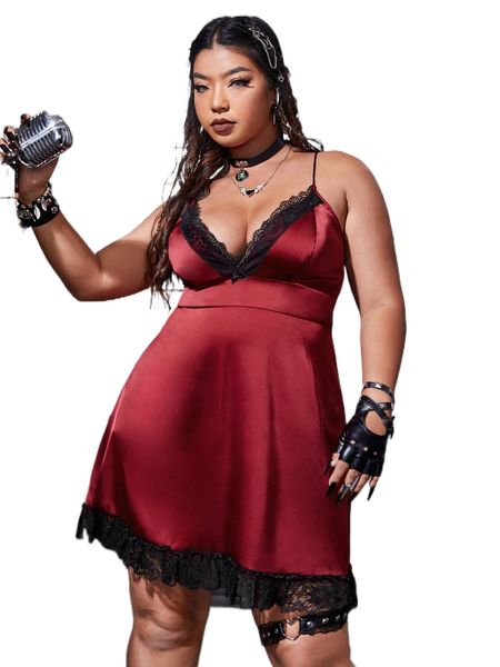 plus lace trim bow front ruffle hem satin cami dress 05hu#, Black
plus lace trim bow front ruffle hem satin cami dress 05hu#, Black