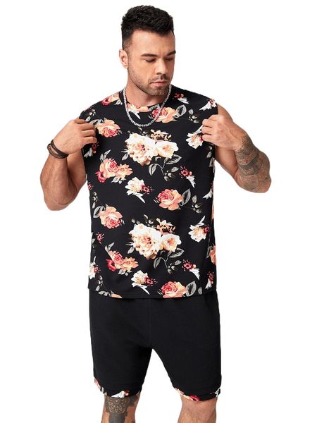 extended sizes men floral print tank & contrast binding track shorts g6a6#, Gray
extended sizes men floral print tank & contrast binding track shorts g6a6#, Gray