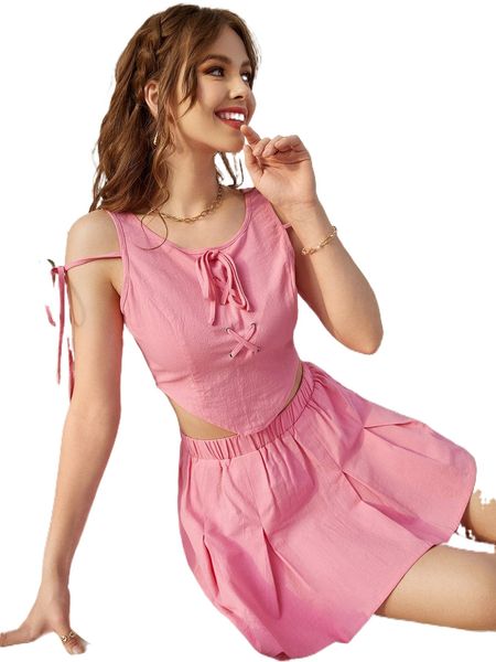grommet lace up cold shoulder hanky hem tank 62dc#, White