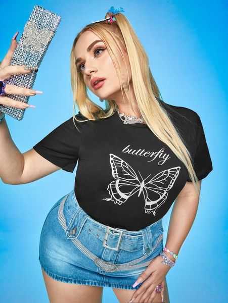 plus butterfly & letter graphic tee r8ez#, Black