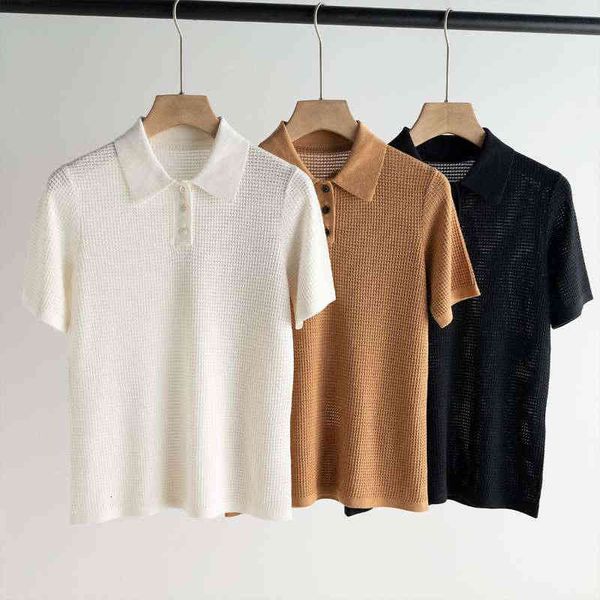 women's knits tees nili spring and summer patterned hollow out versatile silk lapel half open chest short sleeve light knit women', White
women's knits tees nili spring and summer patterned hollow out versatile silk lapel half open chest short sleeve light knit women', White