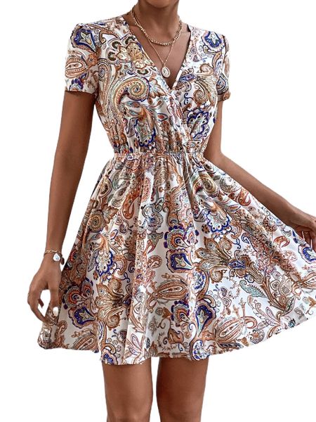 paisley & floral print surplice neck dress f7ke#, Black;gray
