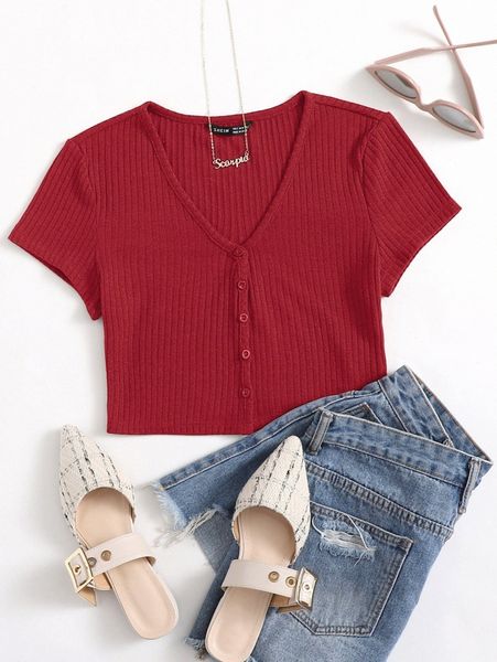 v-neck button placket crop tee e9a5#, White 
v-neck button placket crop tee e9a5#, White