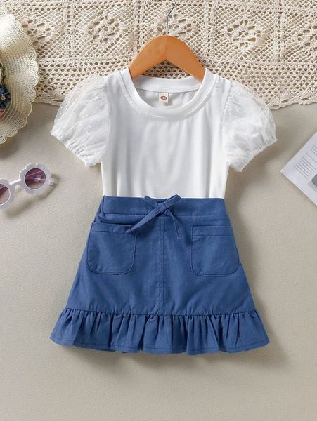 toddler girls contrast mesh puff sleeve tee & ruffle hem knot denim skirt she, White
toddler girls contrast mesh puff sleeve tee & ruffle hem knot denim skirt she, White