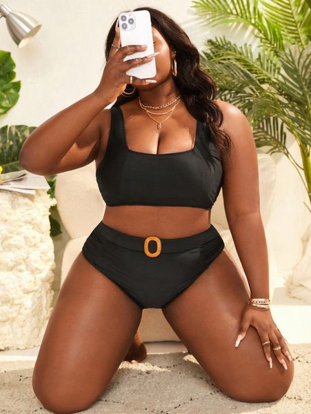 plus solid ring decor bikini swimsuit p64k#, White;black