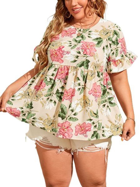 plus floral print flounce sleeve peplum blouse s76u#, Black