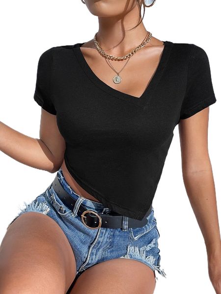 asymmetrical neck hanky hem tee h3jo#, White