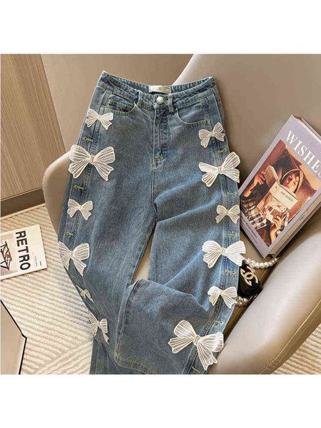 single row bow blue jeans women's spring and summer new fashion casual high waist wide leg straight denim trousers female pants t220728
single row bow blue jeans women's spring and summer new fashion casual high waist wide leg straight denim trousers female pants t220728