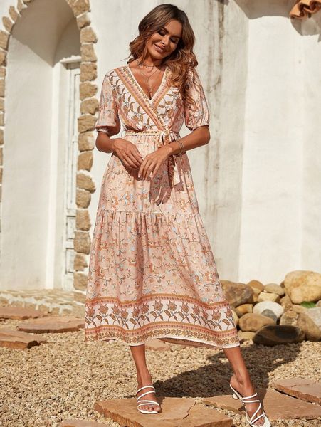 floral print surplice neck belted dress h41k#, Black;gray 
floral print surplice neck belted dress h41k#, Black;gray