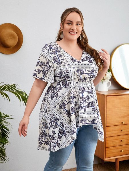emery rose plus floral print high low hem peplum blouse m0wj#, Black