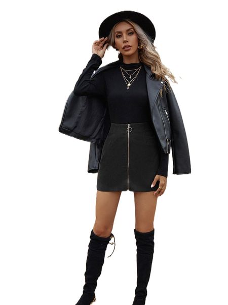 corduroy zipper front mini skirt u23q#, Black