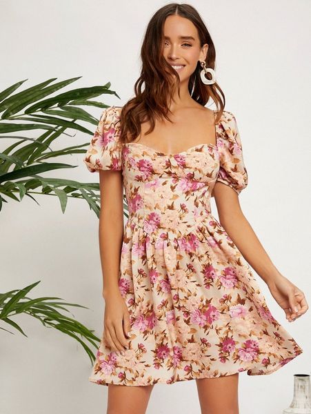 allover floral print puff sleeve dress b5jd#, Black;gray