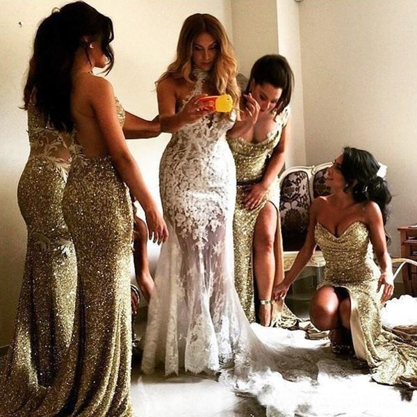 sparkly bling gold sequined mermaid bridesmaid dresses backless slit plus size maid of the honor gowns wedding dress, White;pink
sparkly bling gold sequined mermaid bridesmaid dresses backless slit plus size maid of the honor gowns wedding dress, White;pink