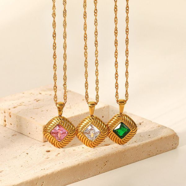 new stainless steel 18k gold square rib button necklace white/pink/green zircon pendant necklace women jdn20829, Silver
new stainless steel 18k gold square rib button necklace white/pink/green zircon pendant necklace women jdn20829, Silver