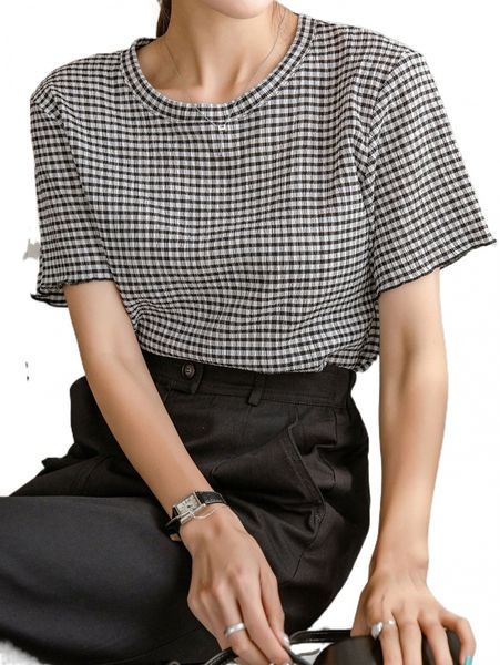 dazy gingham textured round neck tee y397#, White 
dazy gingham textured round neck tee y397#, White