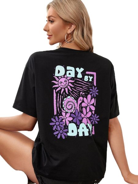 x day by day floral & slogan graphic drop shoulder tee e1gg#, White 
x day by day floral & slogan graphic drop shoulder tee e1gg#, White