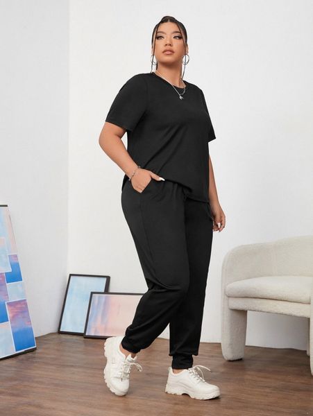 plus solid tee & slant pockets sweatpants d0xf#, Black