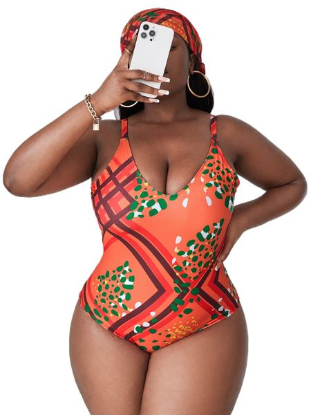 plus allover print crisscross back one piece swimsuit with kerchief y8sg#, White;black
plus allover print crisscross back one piece swimsuit with kerchief y8sg#, White;black