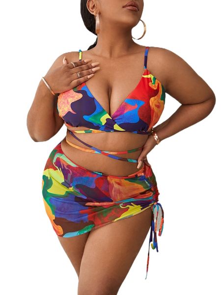plus 3pack camo print crisscross bikini swimsuit & beach skirt 19os#, White;black
