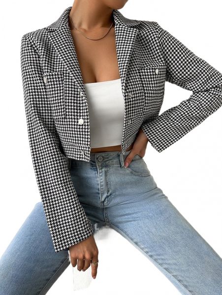houndstooth dual pocket crop blazer z0o5#, White