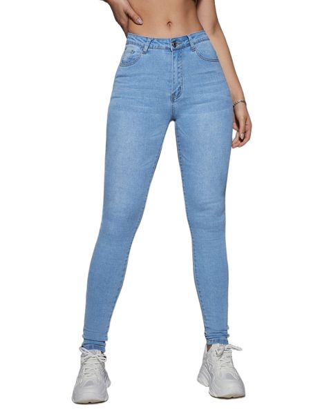 button waisted skinny jeans 672l#, Blue