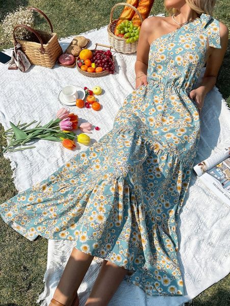 floral print one shoulder ruffle hem dress o3bp#, Black;gray
floral print one shoulder ruffle hem dress o3bp#, Black;gray