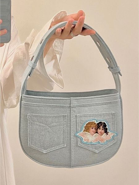 2022 shoulder bag italian angel embroidery washed denim spice girl underarm bag handbag, Black;red
2022 shoulder bag italian angel embroidery washed denim spice girl underarm bag handbag, Black;red