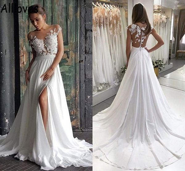 boho garden lace appliqued a line wedding gowns with cap sleeves flowy chiffon sweep train bridal dress side split simple beach robes de mar, White
boho garden lace appliqued a line wedding gowns with cap sleeves flowy chiffon sweep train bridal dress side split simple beach robes de mar, White