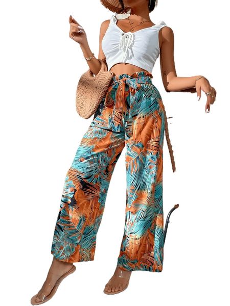 tropical print belted pants w86b#, Black;white
tropical print belted pants w86b#, Black;white