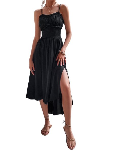 ruched bust shirred frill trim split thigh cami dress x0ix#, Black;gray
ruched bust shirred frill trim split thigh cami dress x0ix#, Black;gray