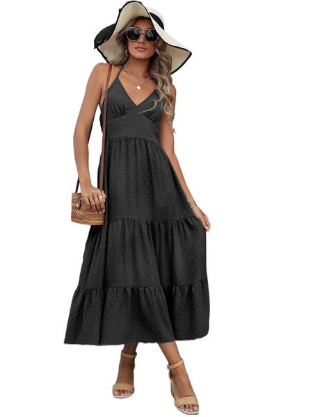 swiss dot ruffle hem dress 36op#, Black;gray
