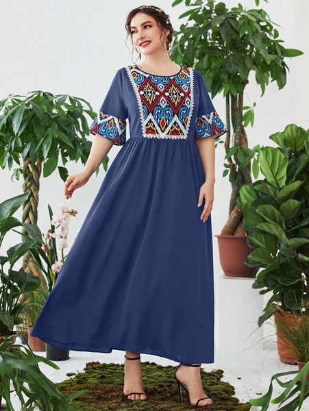 plus geo print contrast guipure lace flounce sleeve dress u95v#, Black