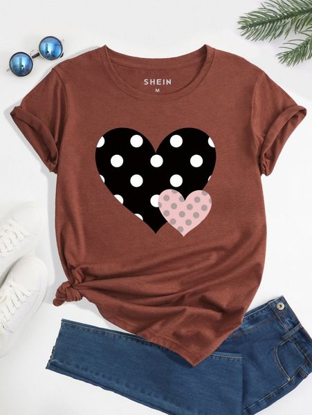 polka dot & heart print t-shirt p6he#, White