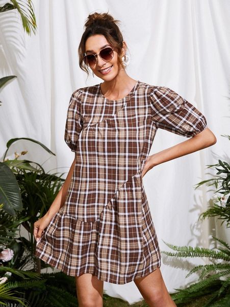 tartan print ruffle hem puff sleeve smock dress 9715#, Black;gray
tartan print ruffle hem puff sleeve smock dress 9715#, Black;gray