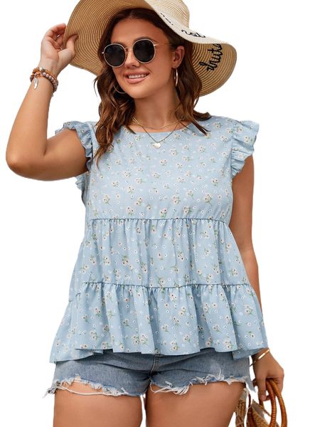 plus ditsy floral ruffle hem blouse r2ds#, Black