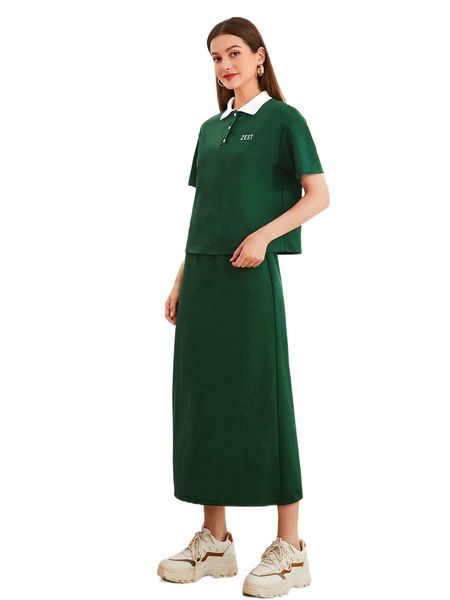 letter embroidery polo collar tee & drawstring waist skirt 55hw#, White 
letter embroidery polo collar tee & drawstring waist skirt 55hw#, White