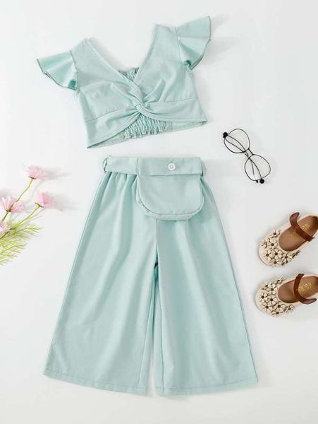 little girl's twisted ruffle sleeve pleated and wide leg trouser belt waist bag she, White
little girl's twisted ruffle sleeve pleated and wide leg trouser belt waist bag she, White