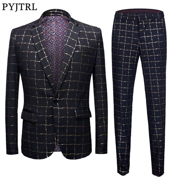 pyjtrl brand male plaid gold floral pattern slim fit mens suits with pants wedding groom tuxedo singer costume 201106, White;black
pyjtrl brand male plaid gold floral pattern slim fit mens suits with pants wedding groom tuxedo singer costume 201106, White;black