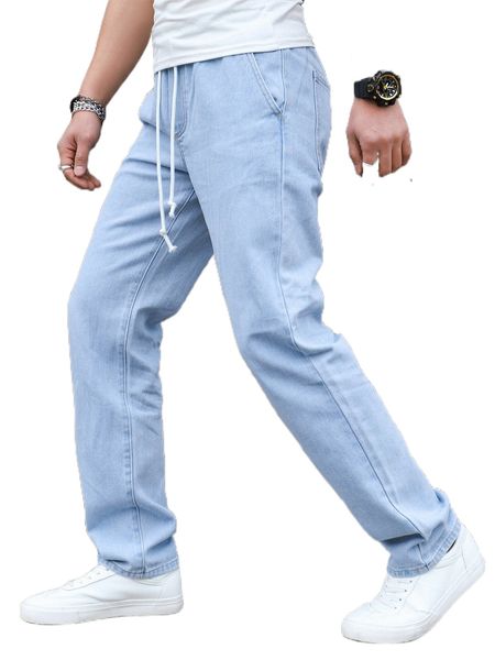 men drawstring waist straight leg jeans 12e8#, Blue