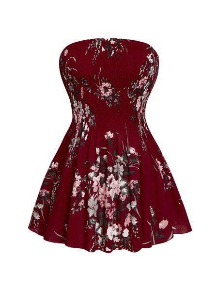 plus floral print shirred peplum tube d4xx#, Black