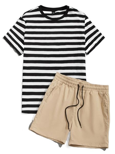 men striped print ringer tee & drawstring waist shorts v317#, Gray
men striped print ringer tee & drawstring waist shorts v317#, Gray