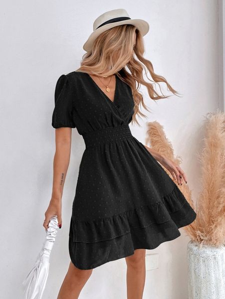 puff sleeve surplice neck shirred waist ruffle hem swiss dot dress h9mt#, Black;gray
puff sleeve surplice neck shirred waist ruffle hem swiss dot dress h9mt#, Black;gray