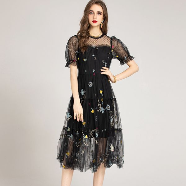 women's runway dresses o neck short sleeves embroidery fashion a line casual designer dress vestidos, Black
women's runway dresses o neck short sleeves embroidery fashion a line casual designer dress vestidos, Black