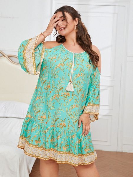 plus floral print cold shoulder tie front trumpet sleeve smock dress 68y5#, Black 
plus floral print cold shoulder tie front trumpet sleeve smock dress 68y5#, Black