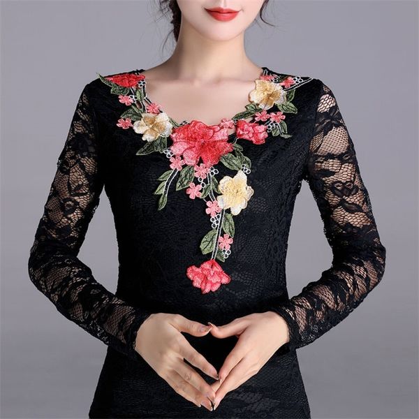 black lace blouse long sleeve plus size women shirt elegant embroidery hollow out slim autumn 220813, White
black lace blouse long sleeve plus size women shirt elegant embroidery hollow out slim autumn 220813, White